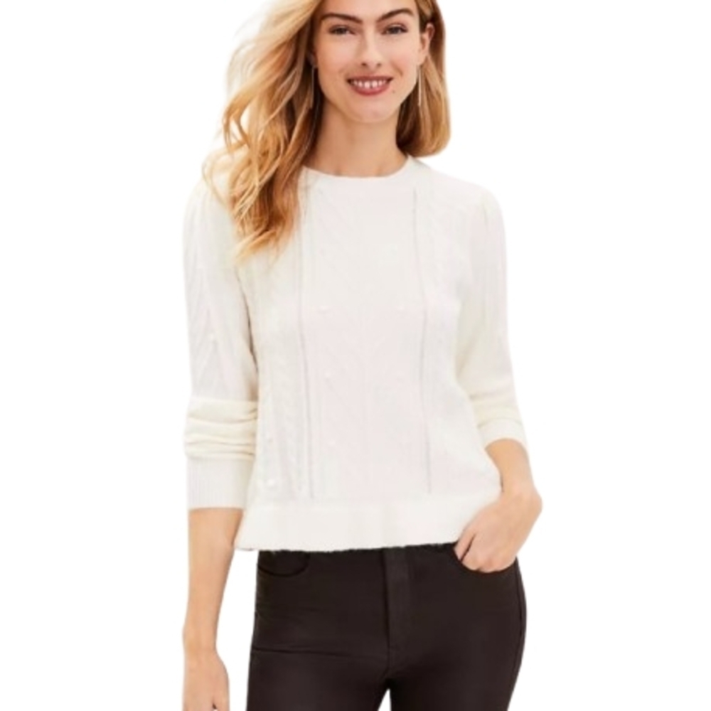 Loft White Bobble-Knit Sweater Ruffle Hem & Puff Shoulders Size L Minimalist